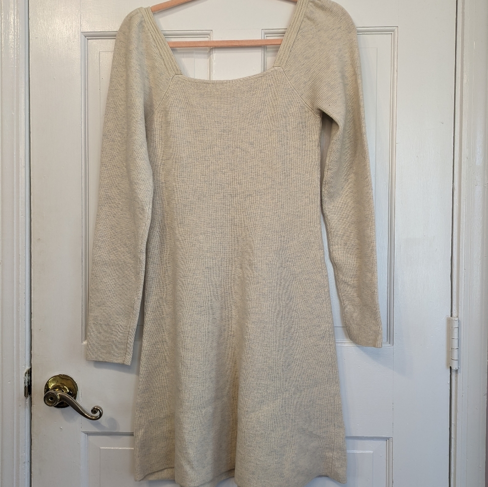 Hem & thread cream heather long sleeve square neck flare midi sweater dress - Picture 2 of 4